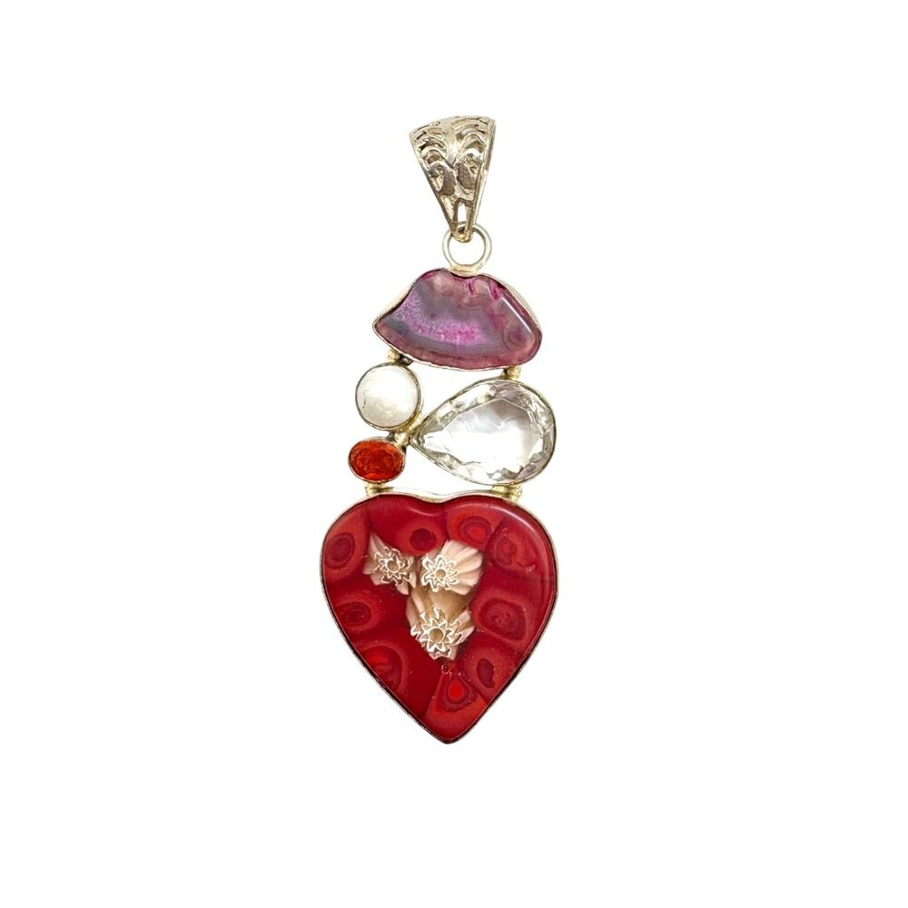 VTG Sterling Silver 925 Multi-Gemstone Glass Heart Pendant Size 3.25" Length